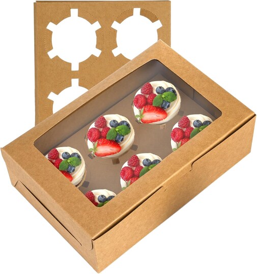 Greentek; 50-Pack Kraft Cupcake Boxes with Window & Insert – Holds 6 Standard Cupcakes, Food-Grade Brown Bakery Boxes for Pastries, Cookies, Small Cakes, and Dessert Treats; Category:Cupcake Boxes; Image:1